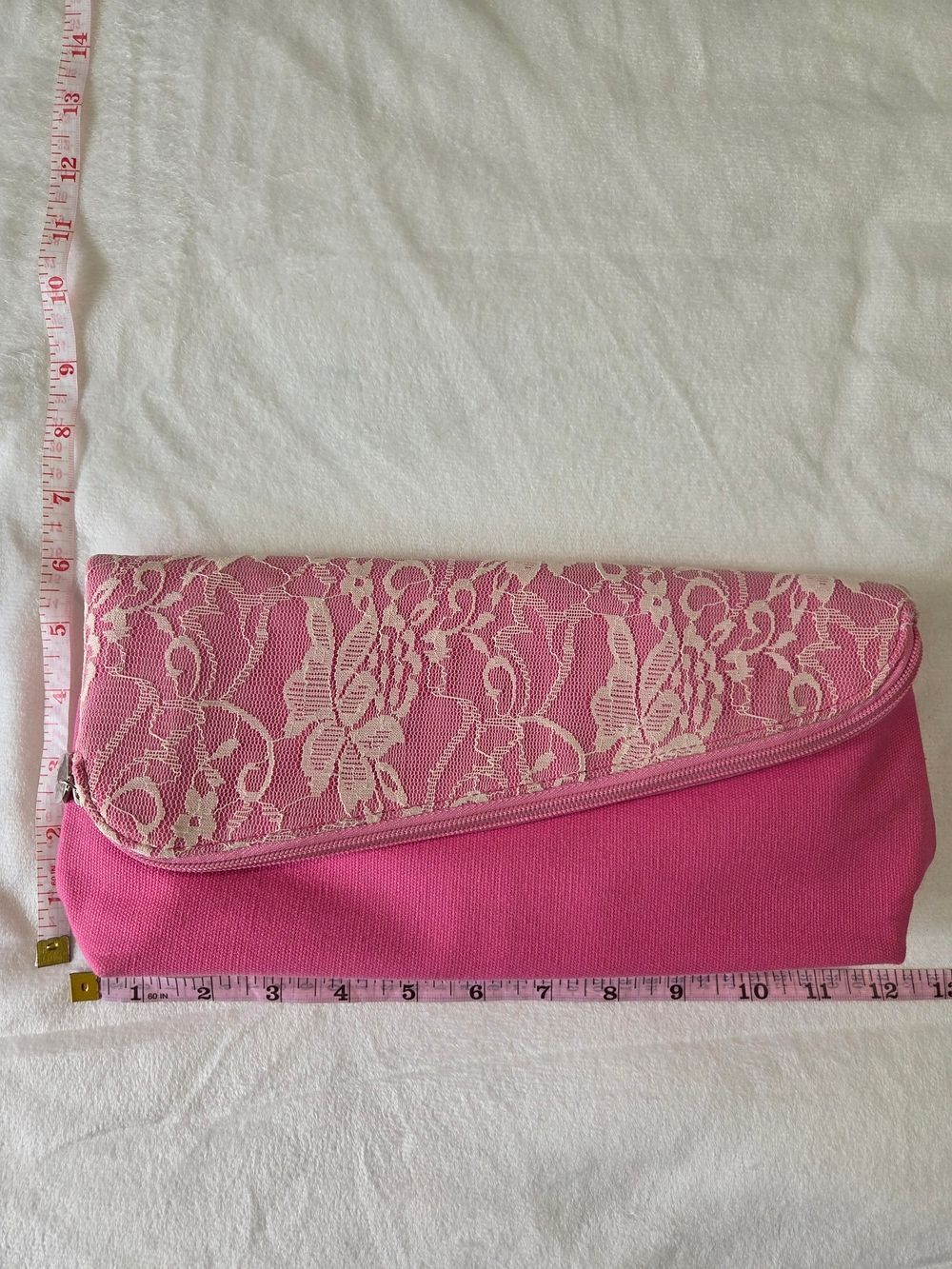 New Pink Fold-Over Clutch With Cream Lace Overlay Zipper And Magnetic Closure
